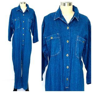 Vintage 80s 90s Womens Denim Jumpsuit Boiler Suit Size Large Work Wear Coveralls